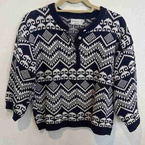 Navy and White Geometric V-Neck Sweater